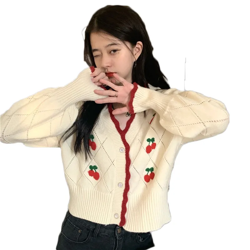 

Knitted Cardigan Sweater Women 2021 Spring And Autumn New Short Style Korean Retro Gentle Wind V-Neck Printed Jacket M151