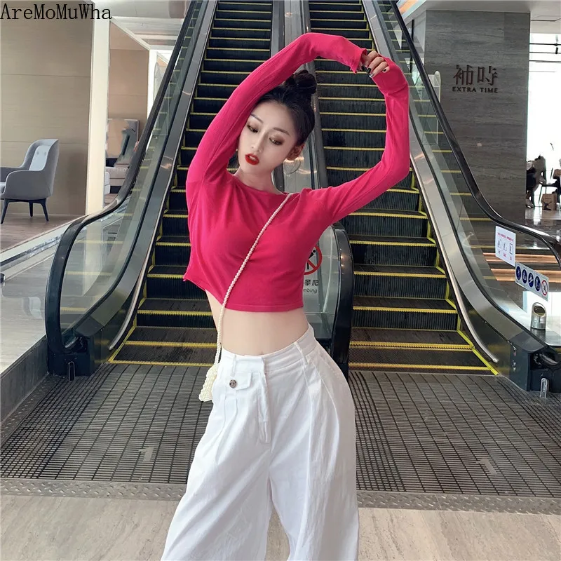 

AreMoMuWha Summer New Slim Short Sun Protection Clothing Solid Color Wild Knitted Round Neck Long-sleeved T-shirt Female hMH448