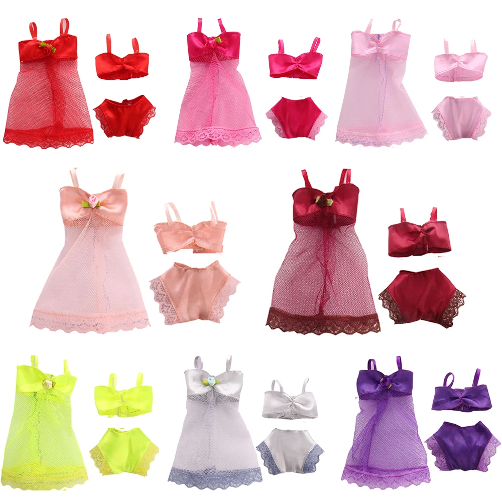 

Пижамный комплект 3 в 1, цветное нижнее белье для кукол, белье, бюстгальтер, платье, кружевные аксессуары для дома, одежда для Барби, Бесплатна...