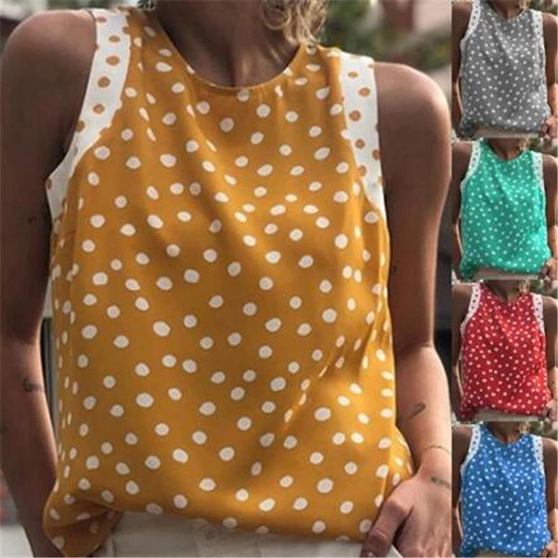 

Women 2022 Sexy Polka Dot Blouse Shirt O-Neck Sleeveless Tops Summer Fashion Ladies Chic Streetwear Top Blusa