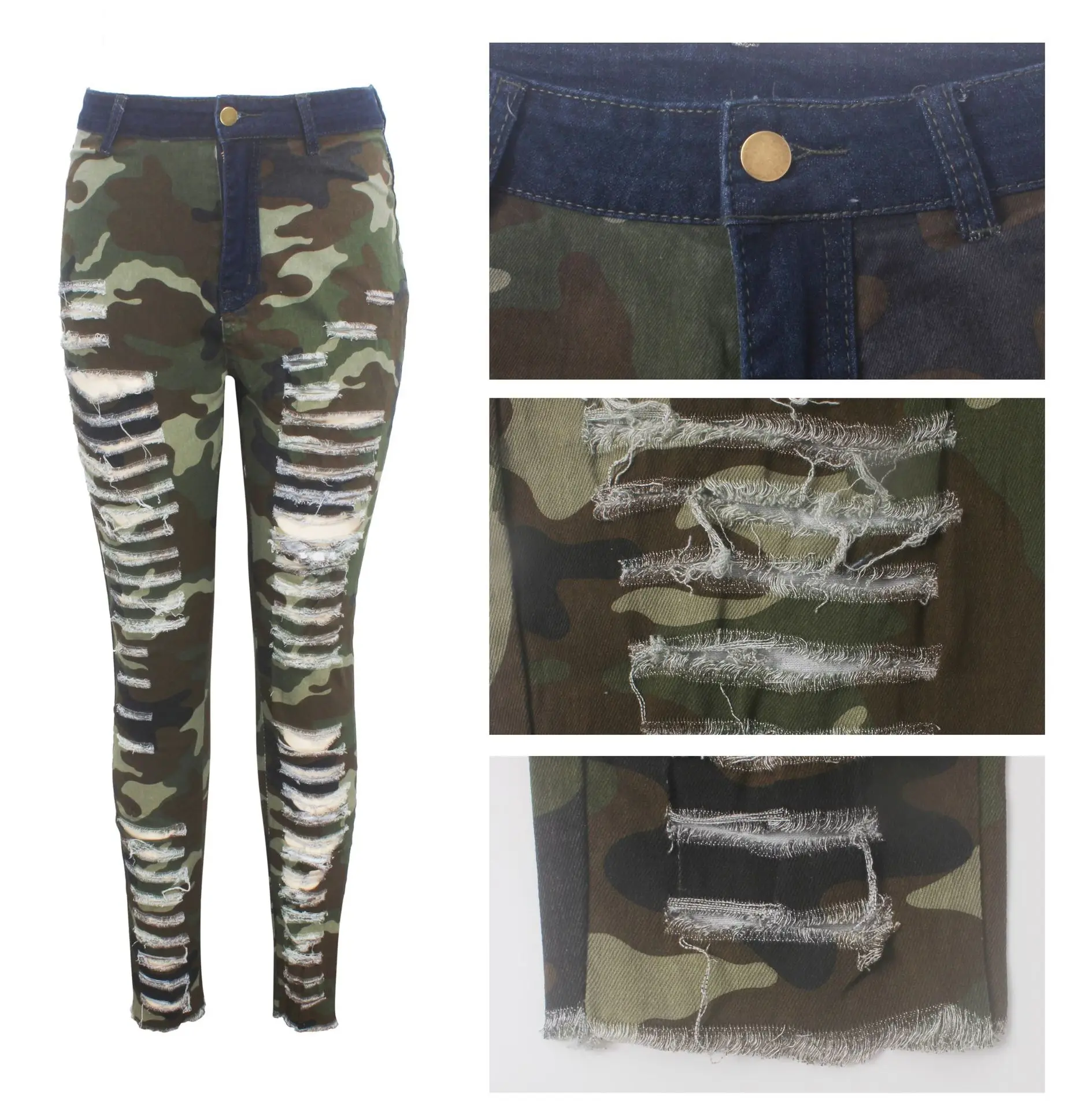 

Sexy Personality Ripped High-Waisted Leggings And Frayed Camouflage Feet Pants