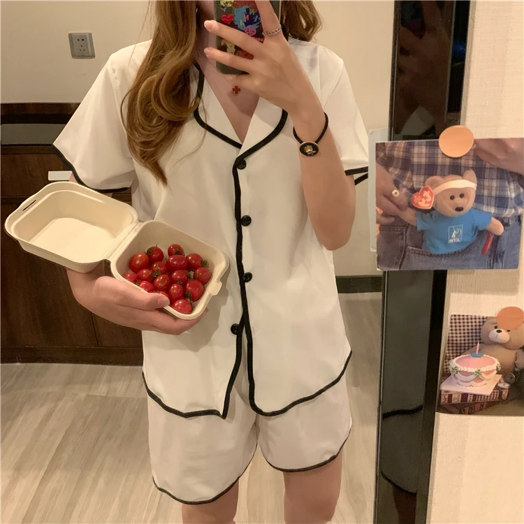 

CBAFU summer ice silk pajama set white satin women homewear nightgowns pure color single breasted tops shorts girls suit N152