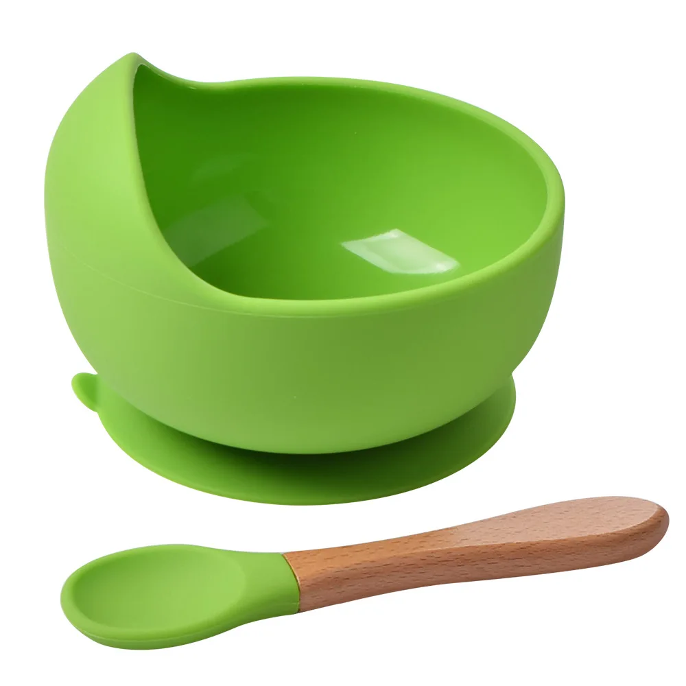 

Child Feeding Tableware Dinnerware Set Silicone Bowl Spoon Wooden Handle Baby Suction Cup Bowl Food Supplement Bowl For Newborn