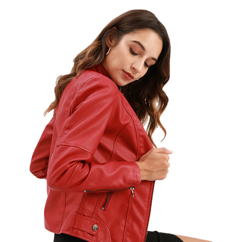 

Женская байкерская куртка из искусственной кожи, красная и черная приталенная куртка из искусственной кожи с воротником-стойкой, верхняя о...