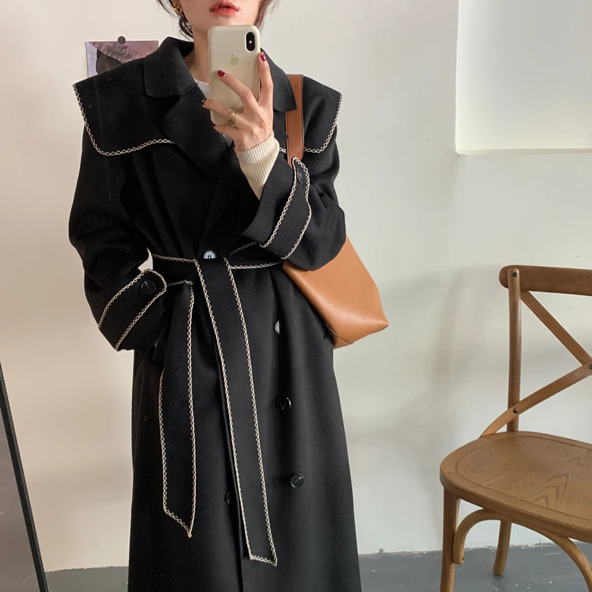 

Women Woolen Coat Fashion Temperament Turn Down Collar Double Breasted Outerwear Korean Version Lace Up Straight Ladies Overcoat