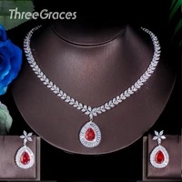 threegraces gorgeous red cubic zirconia big flower water drop earrings necklace bridal wedding party jewelry set for women js174