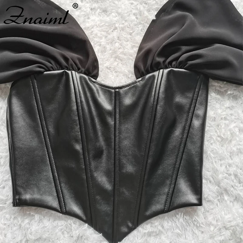 

Slash Neck Off Shoulders Lace Sleeve Top Elegant PU Material Backless Summer Short Womens Blouses Casual Streetwear Feminine