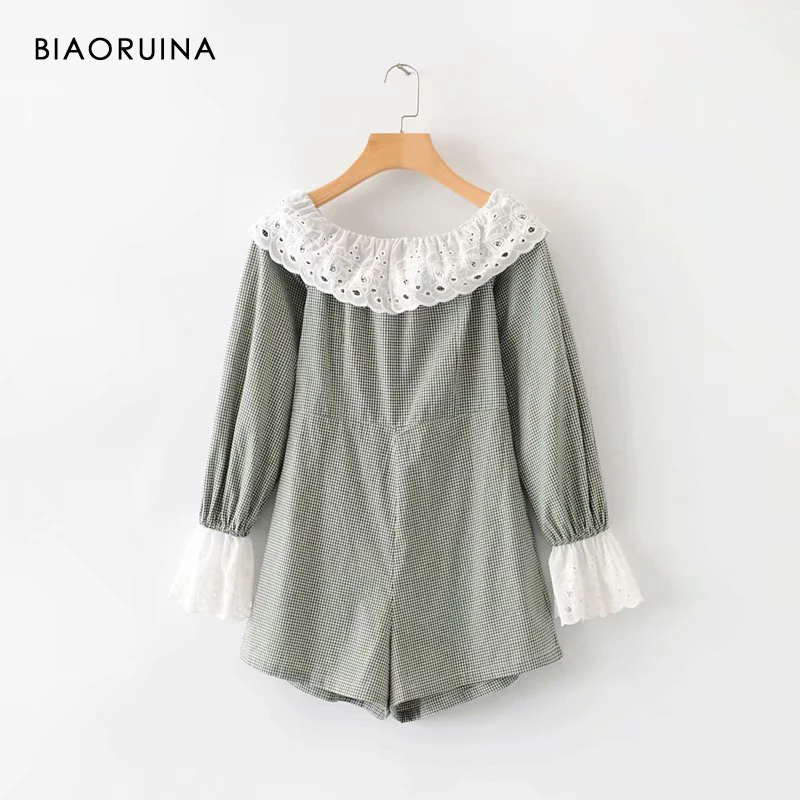 BIAORUINA Женский Зеленый Клетчатый комбинезон с вышивкой круглым вырезом и