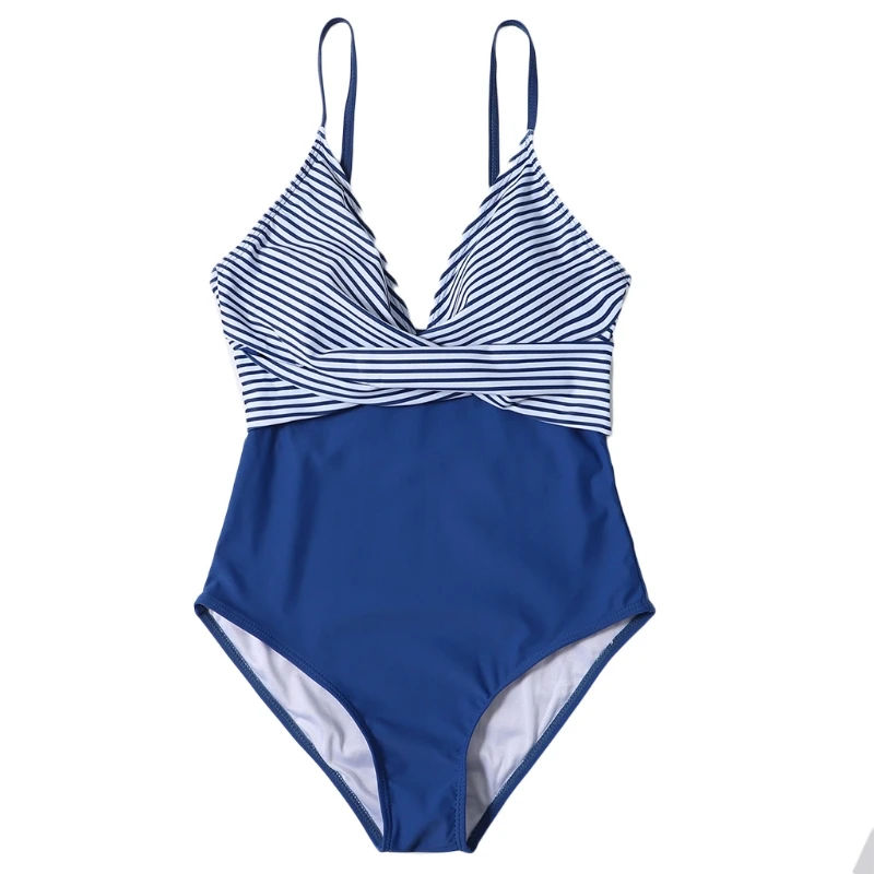 

Womens Sexy One-Piece Swimsuit Cross Front V-Neck Bikini Striped Bathing Suit