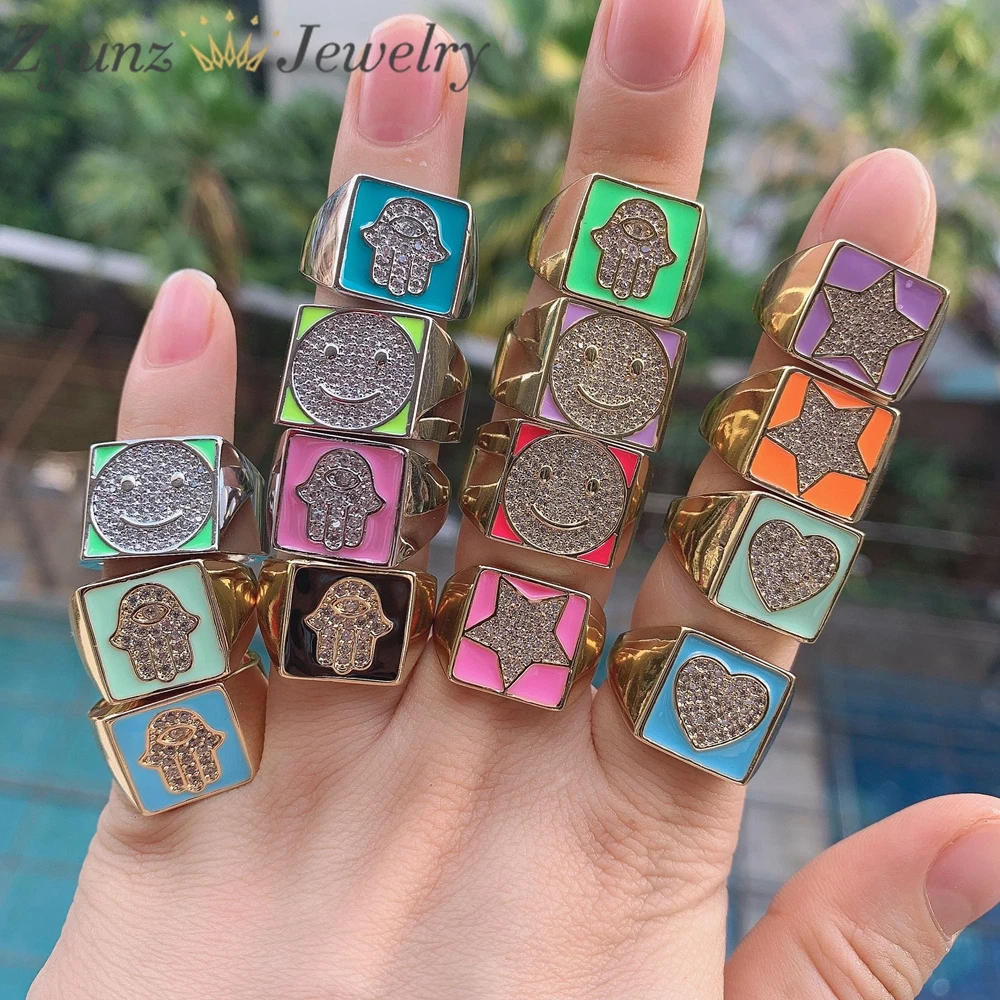 10 шт. женские кольца в стиле панк с эмалью счастливая улыбка лицо звезда сердце