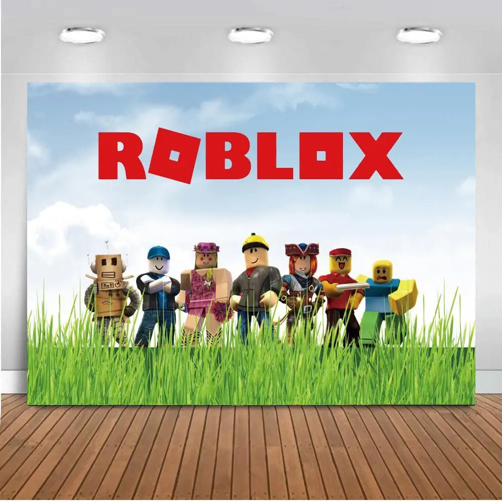 

Spring Green Grass Robots Kids Birthday Photo Background Roblox Boy Celebration Home Decor Backdrop Vinyl Photography Poster