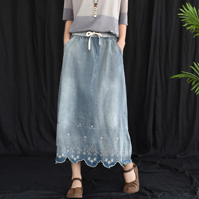 

Denim Hollow Out Lace Skirt High Waist Women Midi Autumn A-line Lady Casual Elegant Summer Skirt