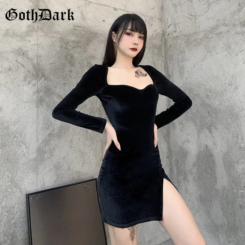 

Goth Dark A-Line Velvet Gothic Women Mini Dresses Black Bodycon Long Sleeve High Waist Sexy Dress Slit Hem Evening Streetwear