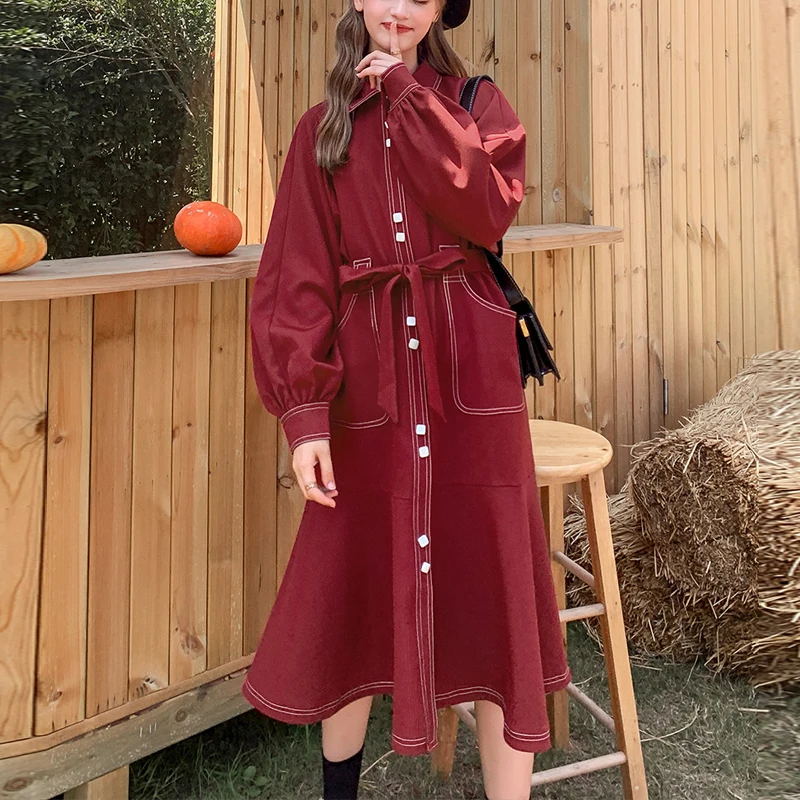 Винтажный однобортный Женский Тренч винно красного цвета осенне зимнее модное