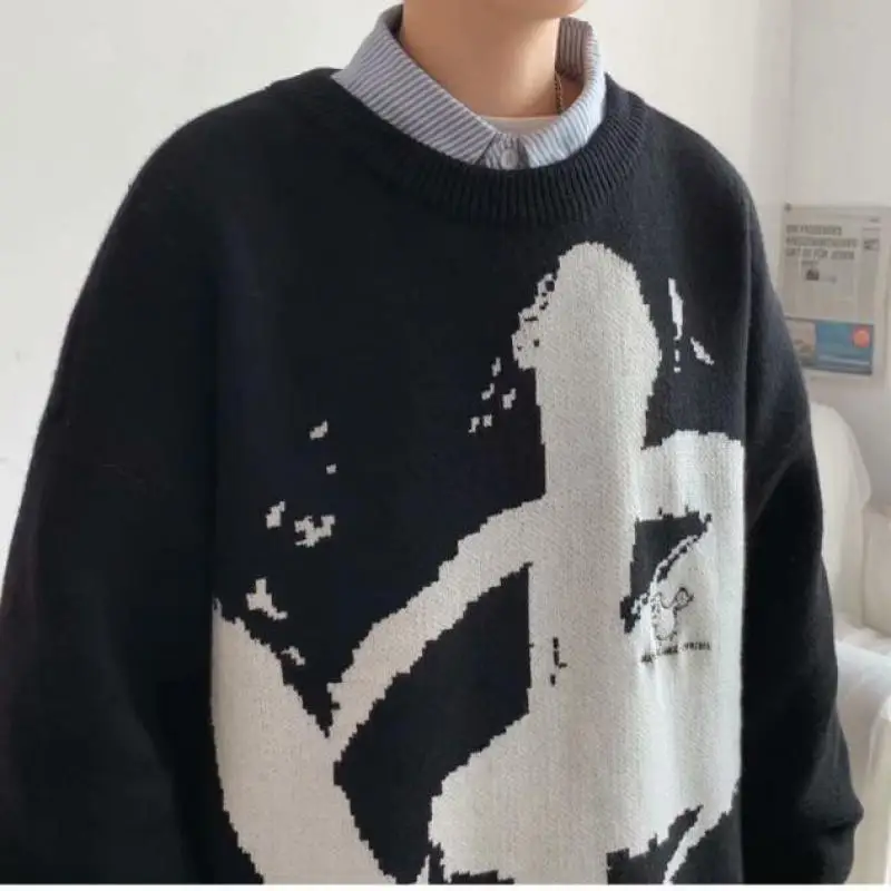 

M-XXL Long Sleeve Men's Soft Thermal Stitch Crewneck Man Sweater Autumn Oversized China Map Printed Clothing For Men Streetwear