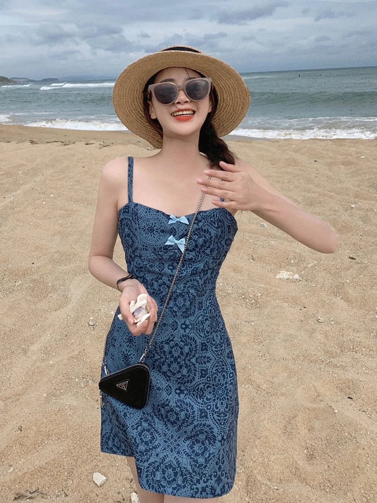 

summer Blue print Short Sundress 2021 Women New Square Neck Sleeveless High Waist Slim Elegant Beach A-line Dress