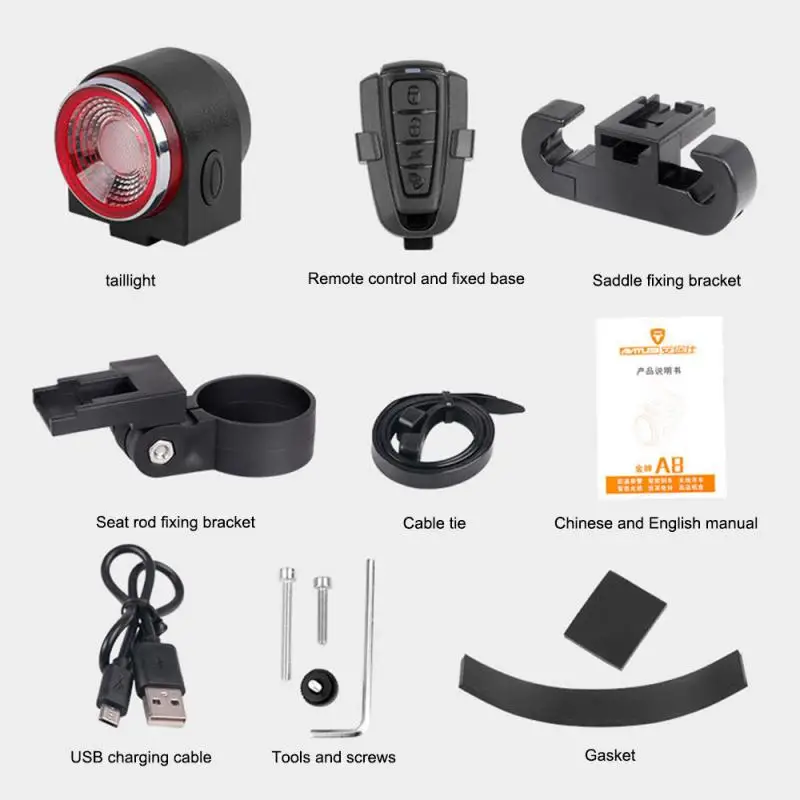 

Bike Light A8 Automatic Brake Taillight Remote Bicycle Rear Light Wireless Bell Road Bike Anti-theft Alarm Lock Bike Accessories