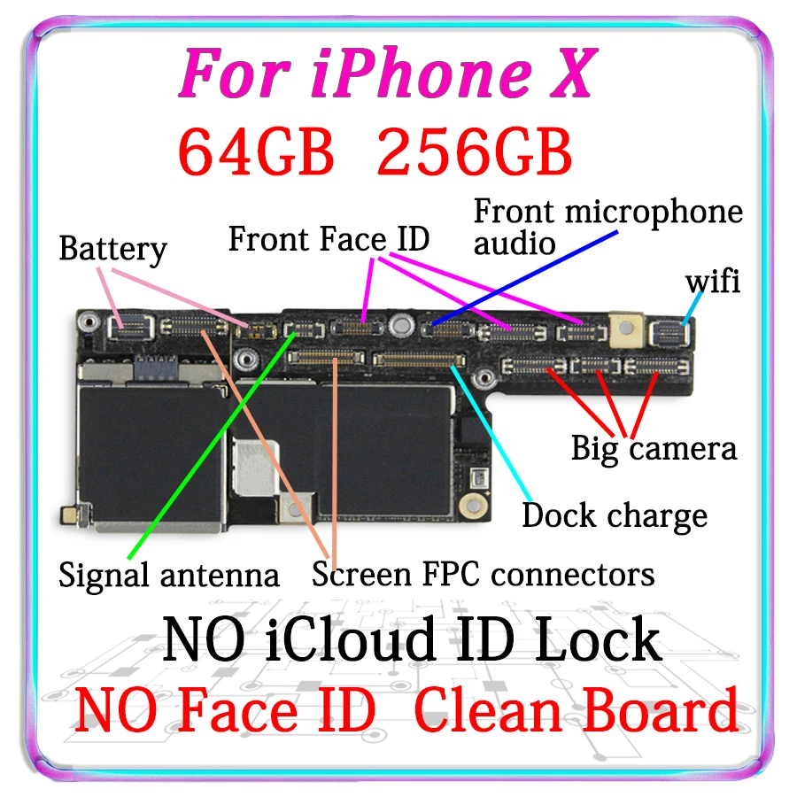 Хорошо протестированная оригинальная материнская плата для iPhone X 10 с/без лица ID, бесплатный iCloud для iPhone X Logic Board разблокированная панель