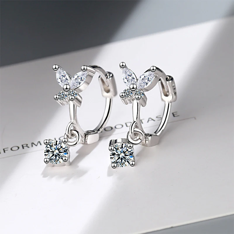 Women's Fashion Romantic Rose Gold Butterfly Hoop Earrings Lovely Tiny Huggies With Small Crystal Pendants Simple Small Earrings