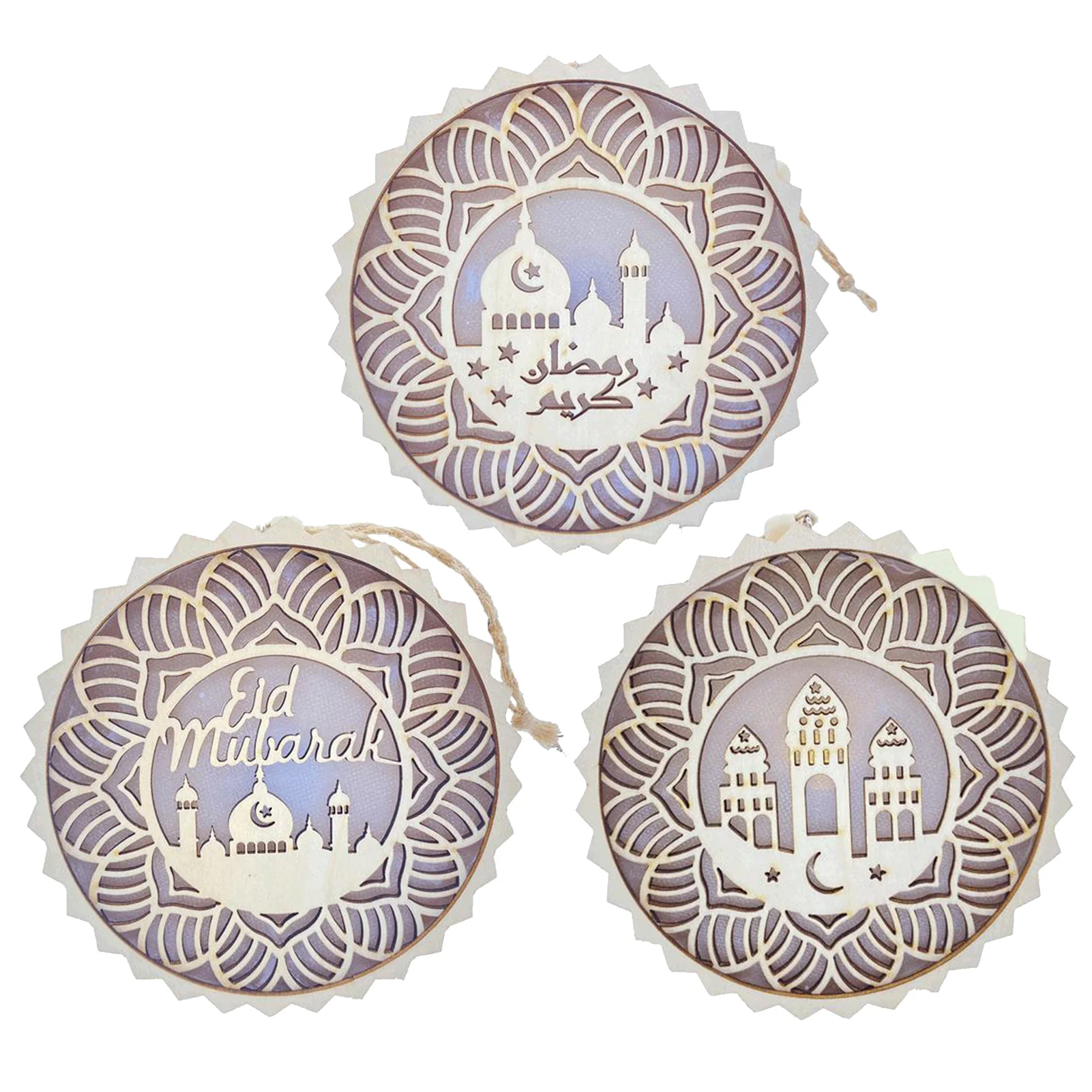 

New Hot Sale Wooden Eid Decorations Islamic Muslim Ornament LED Muslim Islamic Palace Eid Decor Gifts Pendant Hanging Handicraft