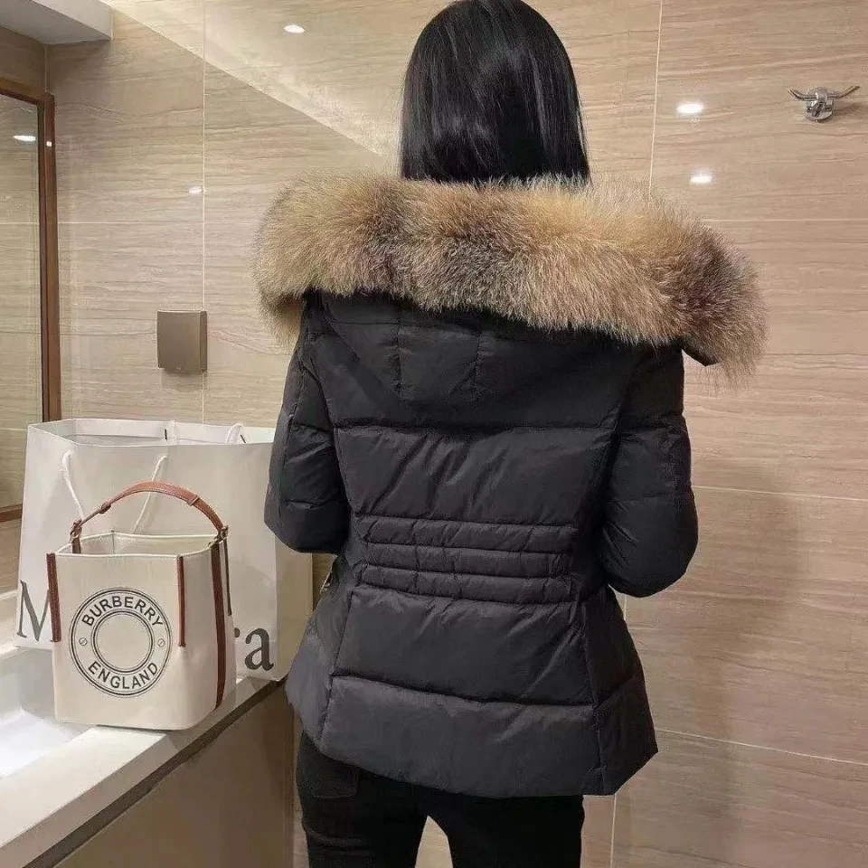 Brand Puffer Jacket 2021 Winter Women Natural Fox Fur Collar Slim Belt White Duck Down Jacket Feather Coat Mujer Parkas