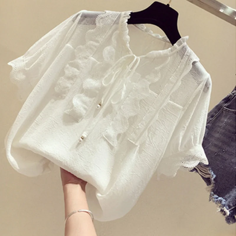 Женская шифоновая блузка с кружевом однотонная тонкая Свободная коротким