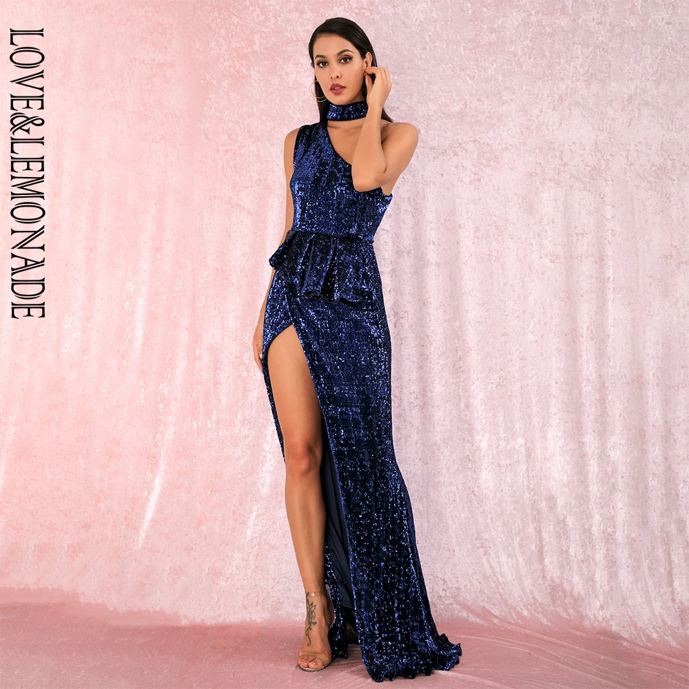 LOVE& LEMONADE A/W Сексуальные темно-синие Холтер без бретелек плечи Раффлед Сплит эластичные Блестки без рукавов вечерние платья макси LM81953