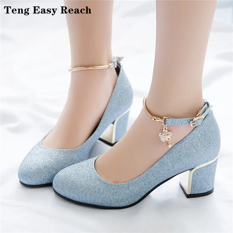 

2021 Pumps women shoes buckle strap bling glitter sequined heels 35-43 zapatos de mujer Concise Office Pumps