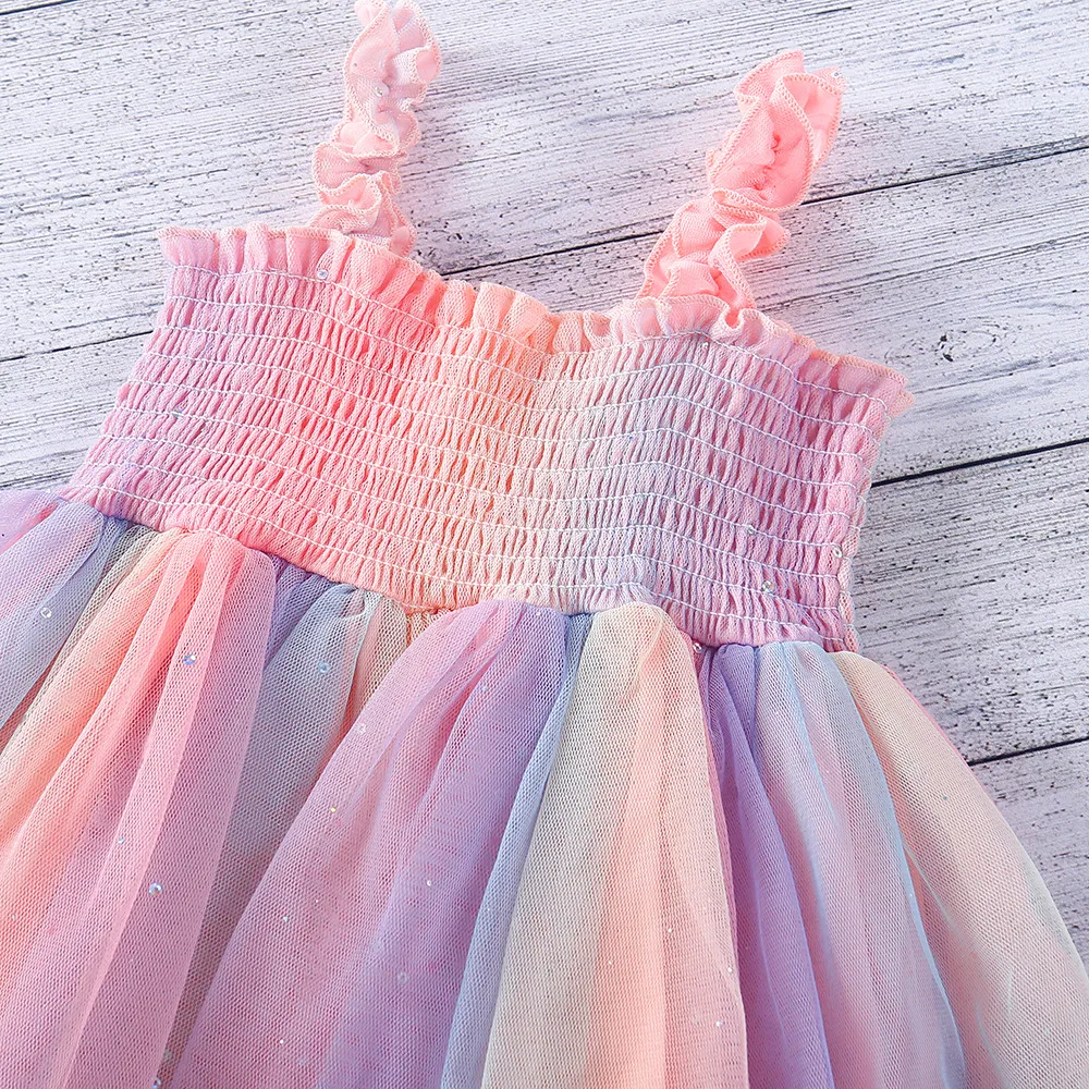 

1-6 Years Summer Baby Girls Sleeveless Suspender Puffy Dress Toddler Kids Elastic Bust Rainbow Color Mesh A-Line Princess Dress