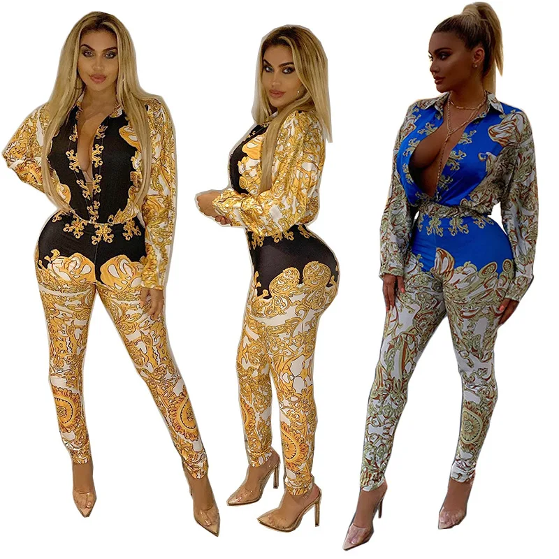 

S-2xl 2021 Comfotable Print Full Sleeve Shirt + Long Pencil Pants Women Casual Outfits Sexy 2piece Set Wholesale Dropshipping