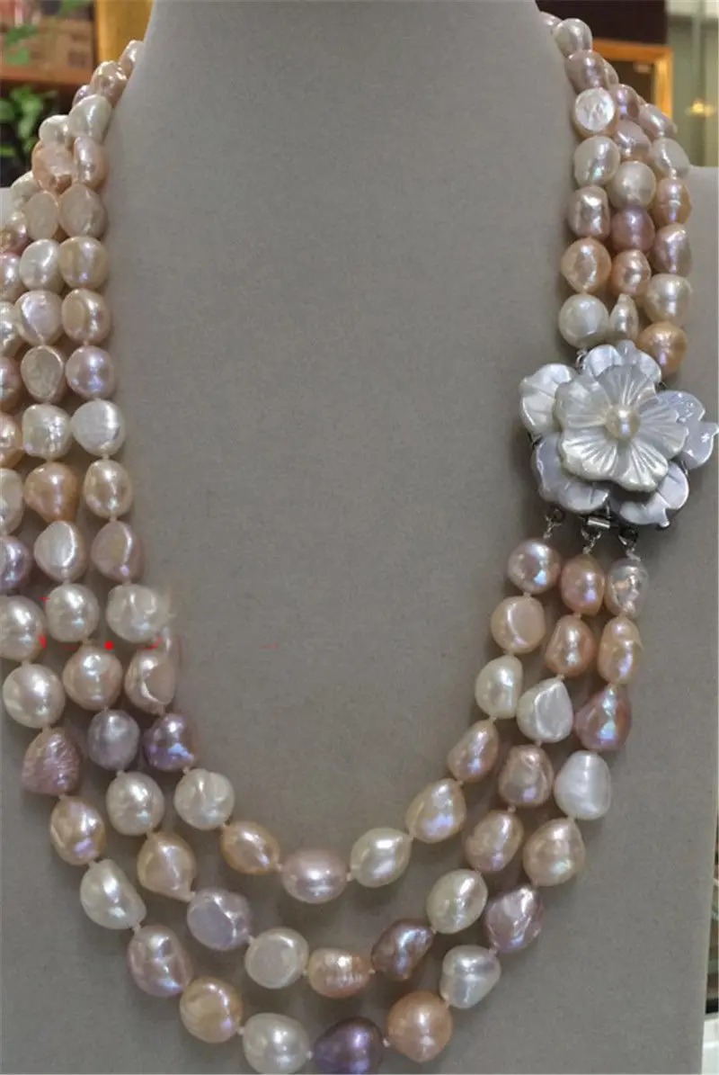 

3 ряда белого розового фиолетового 8-9 мм жемчужное ожерелье с застежкой