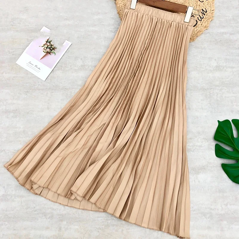 

Women Long Skirts Solid Color Pleated Skirt High Waist Daily Casual Style Cotton Saia Femme Jupe Skirts Womens Korean Style