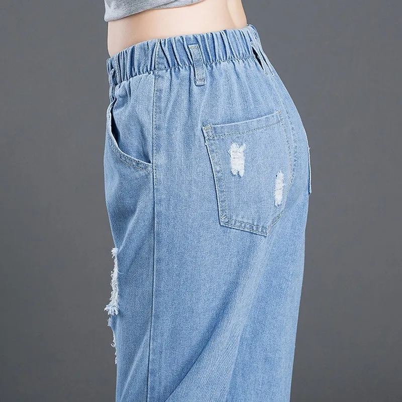 

Elastic High Waist Cotton Pants Women Jeans Ankle Length Blue Pants Solid Color Harem Jeans 2020 New Spring Autumn Thin Trouser