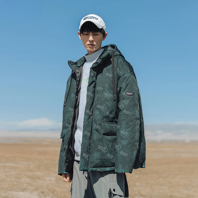 

Мужская зимняя куртка с хлопковой подкладкой и принтом, в гонконгском стиле, новинка 2021, Мужская трендовая хлопковая куртка с капюшоном, муж...