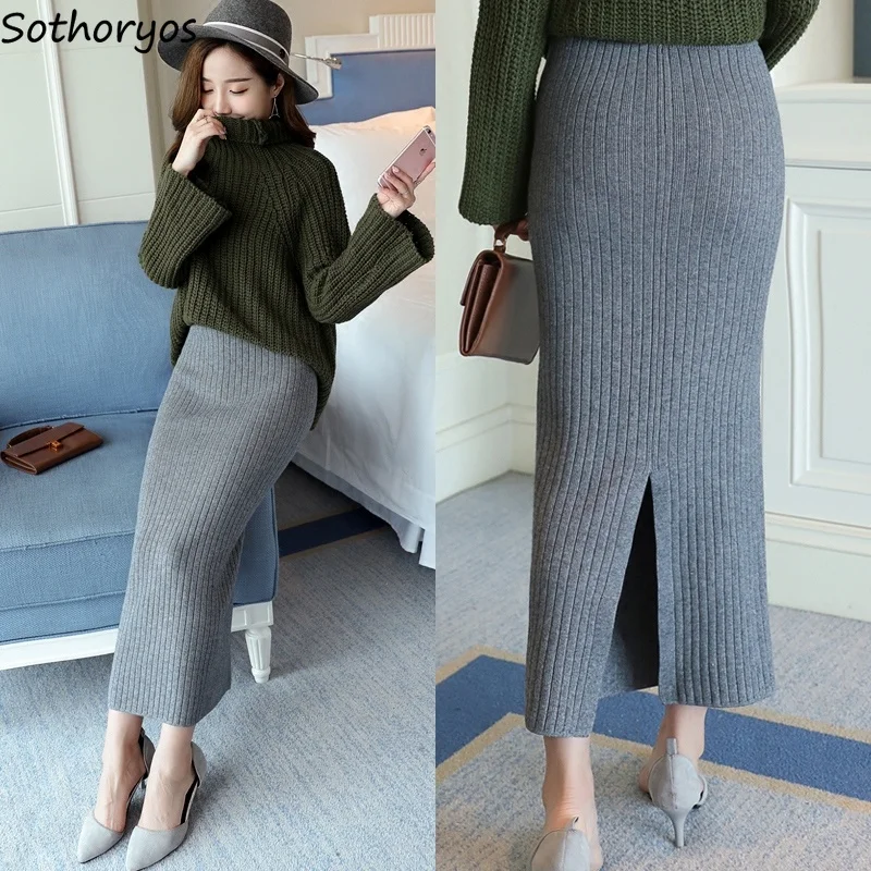 

Skirts Women Knitting Long Solid All-match Elegant Ladies High Quality Soft Skirt Womens Moda Mujer Fall 2020 Soft Trendy Korean
