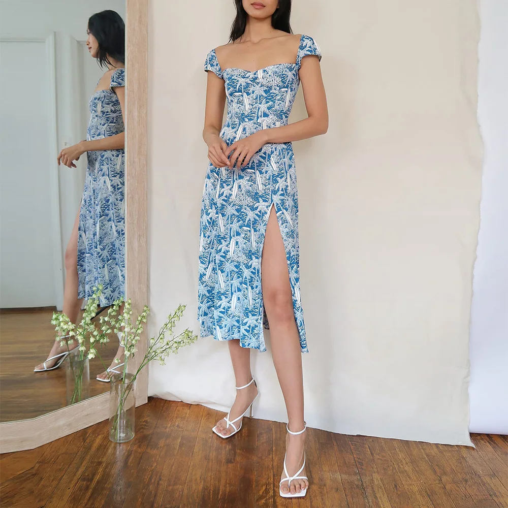 

Summer Clothes For Women Palm Tree Print Boho Beach Dresses 2021 Woman Sweetheart Neck Side Slit Sexy Elegant Vintage Midi Dress