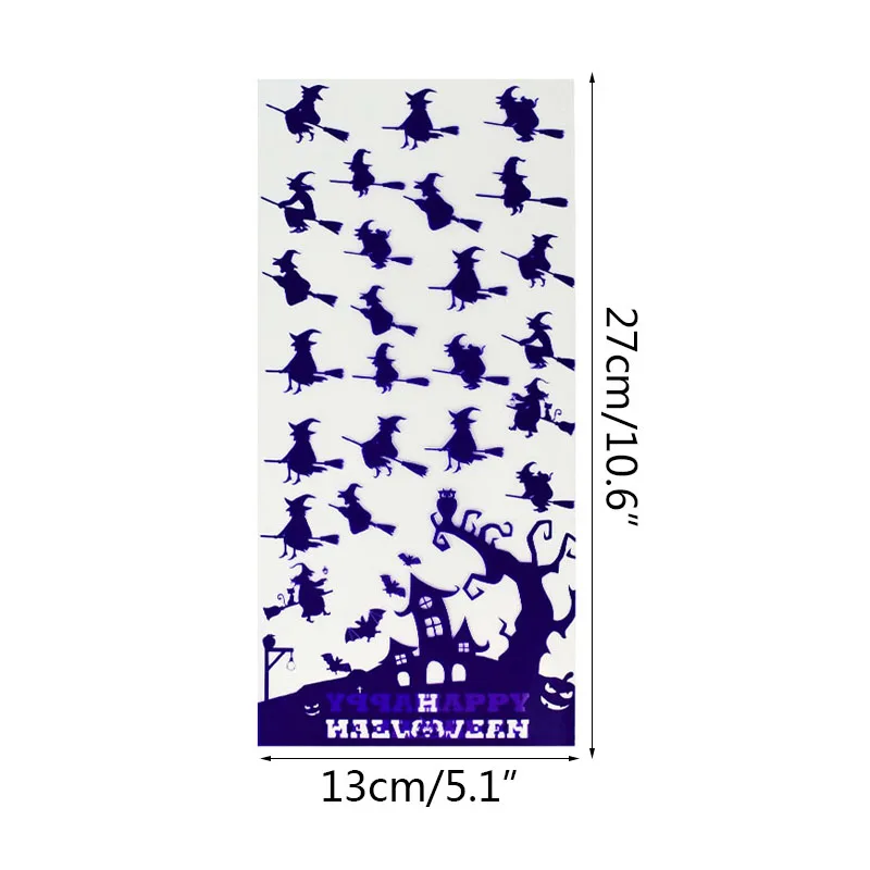 

50pcs Halloween Pumpkin Witch Bat Design Candy Bag Transparent Cellophane Food Plastic Pack Gift Bags Halloween Party Decor