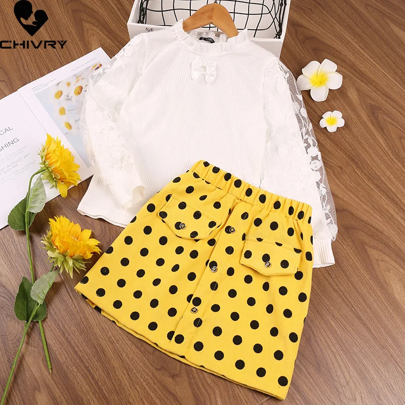 Two-piece Girls Clothing Sets Spring 2022 Baby Girl Lace Puff Long Sleeve T Shirts Tops with Dot Print Skirt Kids Clothes Suit