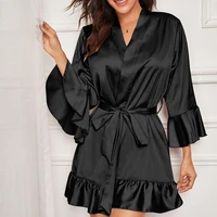 womens faux silk robe bath gown pajamas bathrobe sleepwear sexy lingerie nightwear ruffle night gown