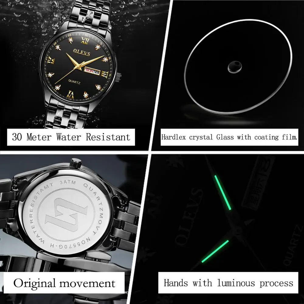 

OLEVS Luxury Business Men's Watch Inlaid Rhinestone Dial Week Display Luminous Hands Sports Waterproof Quartz Watch