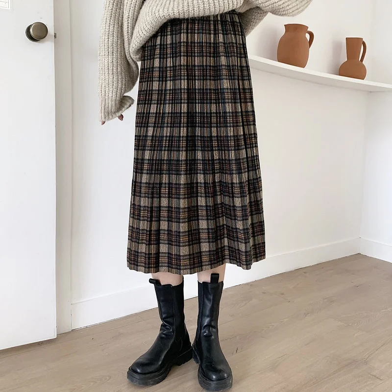 

Шерстяная Юбка в клетку, Осень-зима, женская, ретро, с высокой талией, средней длины, универсальная, трапециевидная