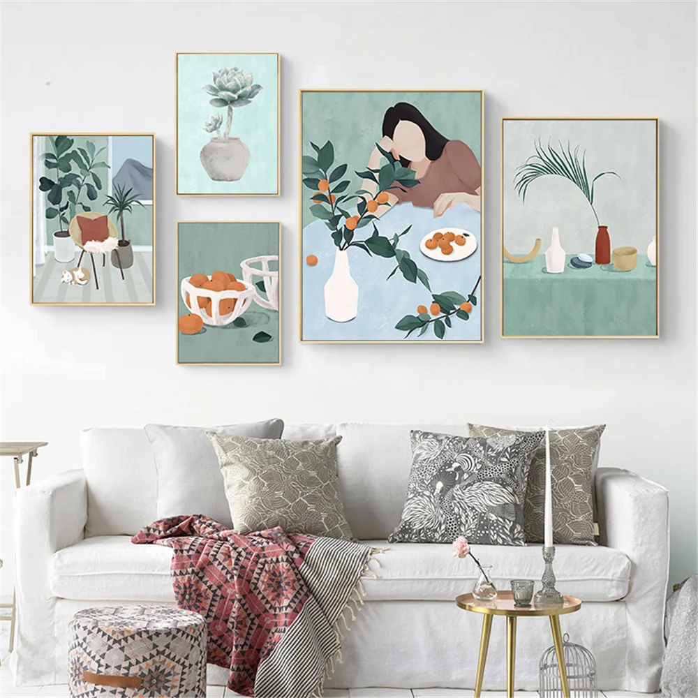 

Abstract Fashion Girl Figure Poster Leaf Plant Fruit Wall Art Canvas Painting Illustration Art Prints Vintage Picture Home Decor