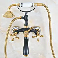 Black Gold Color Brass Wall Mount Bathroom Tub Faucet Dual Cross Handles Telephone Style Hand Shower Clawfoot Tub Filler ana405