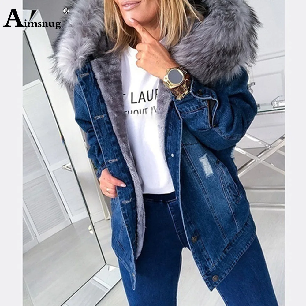 

Denim Jackets Winter Fur Hoodies Jacket Female Coats Black Gray Hole Ripped Jean Demin Outerwear Plus Velvet Women Clothing 2021