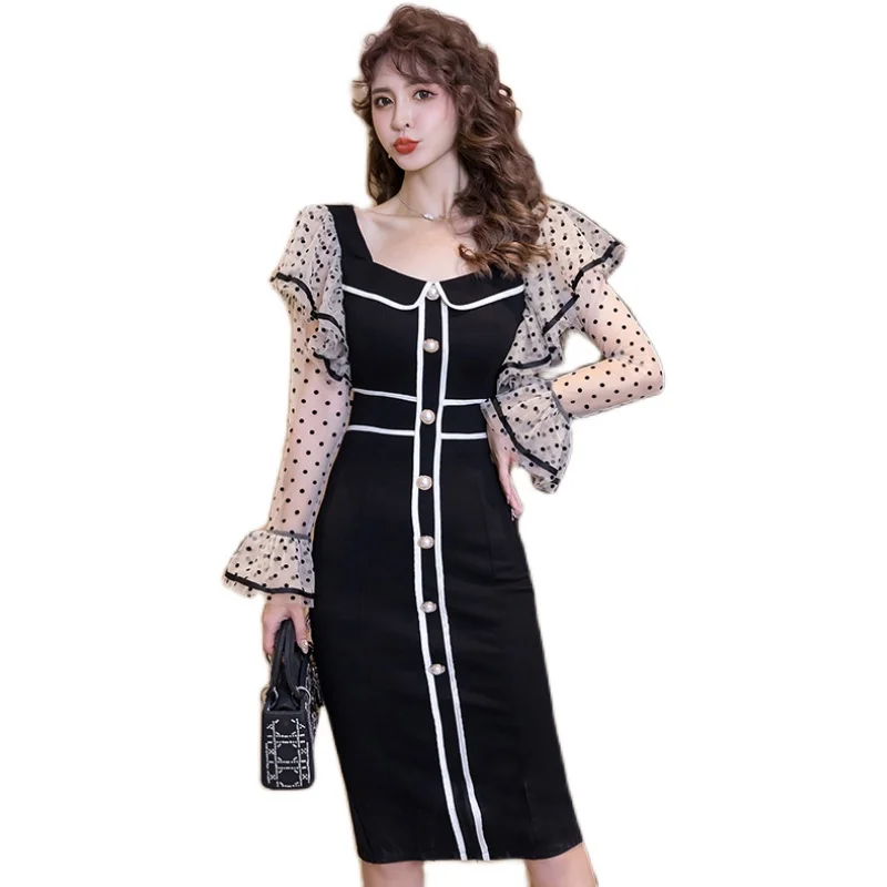 

COIGARSAM Polka Dot Women one-piece dress korean New Single Breasted Butterfly Sleeve Mesh Dresses Black 6979