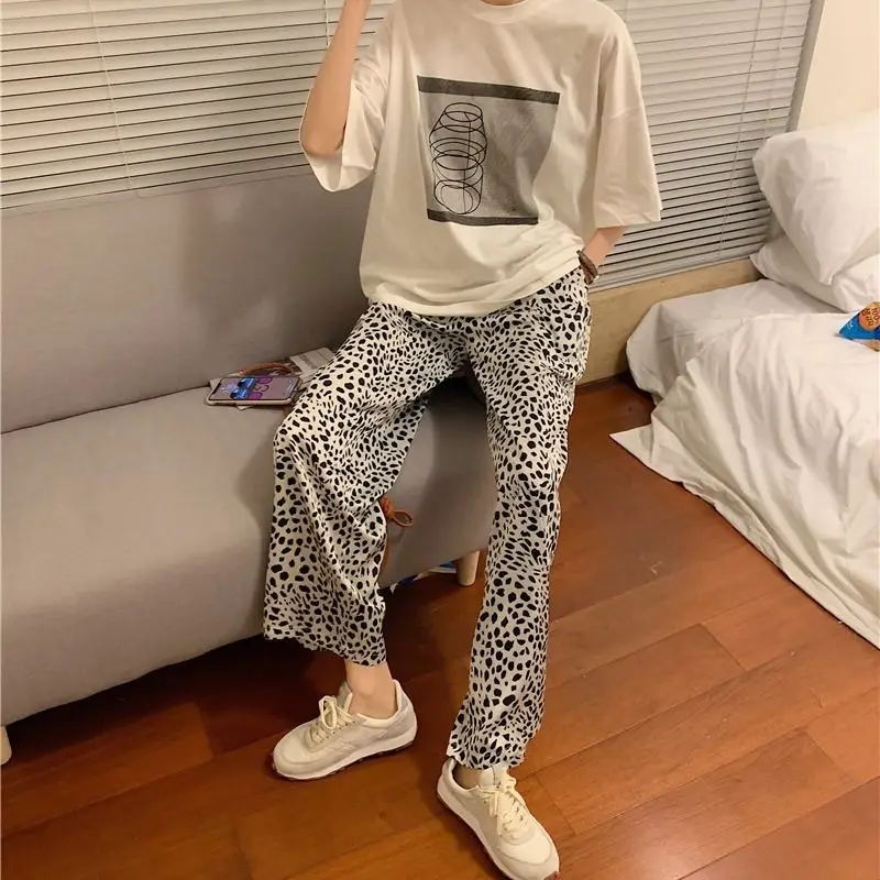 

HOUZHOU Wide Leg Pants Women Korean Style Summer New Wide Pants Vintage Leopard Print Trousers Women High Waist Pants for Women