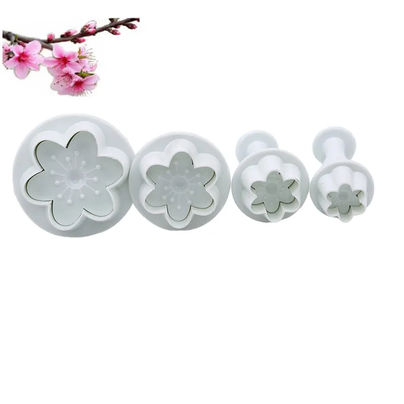 

4pcs Flower Shape Plastic Baking Mold Kitchen Biscuit Cookie Cutter Pastry Plunger 3D Stamp Die Fondant Cake Decorating Tools