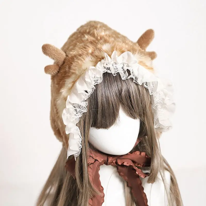 

Шапка на осень и зиму, новинка 2021, женская шапка знаменитости из Интернета для круглого лица, шапка из рога Милу и оленя с ворсом, lei feng