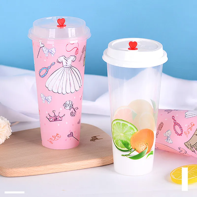 

50pcs 90 caliber creative milk tea plastic cup thick injection beverage juice packaging cups party favor disposable cup with lid