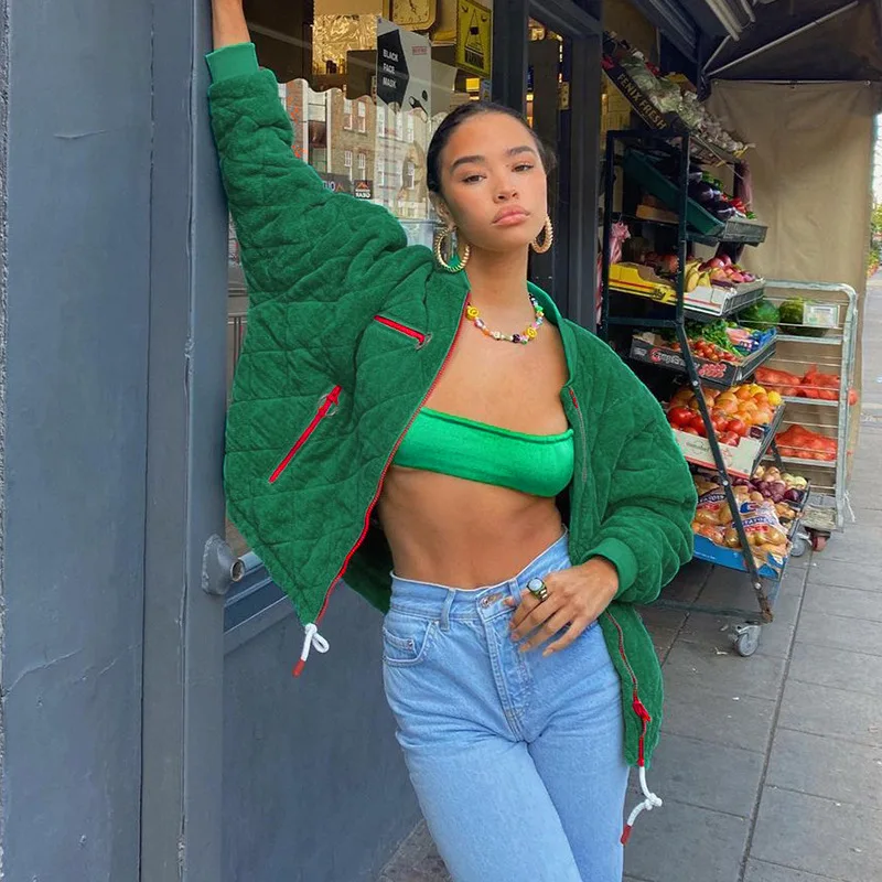 2021 Autumn Winter Fashion Trend Jacket New O-Neck Diamond Lattice Zipper Baseball Uniform Green Warm Female Jacket Parkas